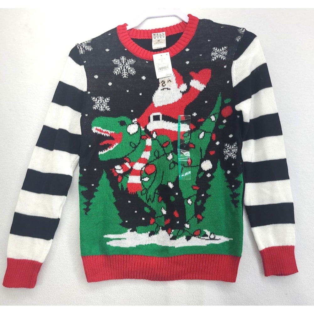 NEW Well Worn Ugly Christmas Sweater Santa Riding T Rex Sz M